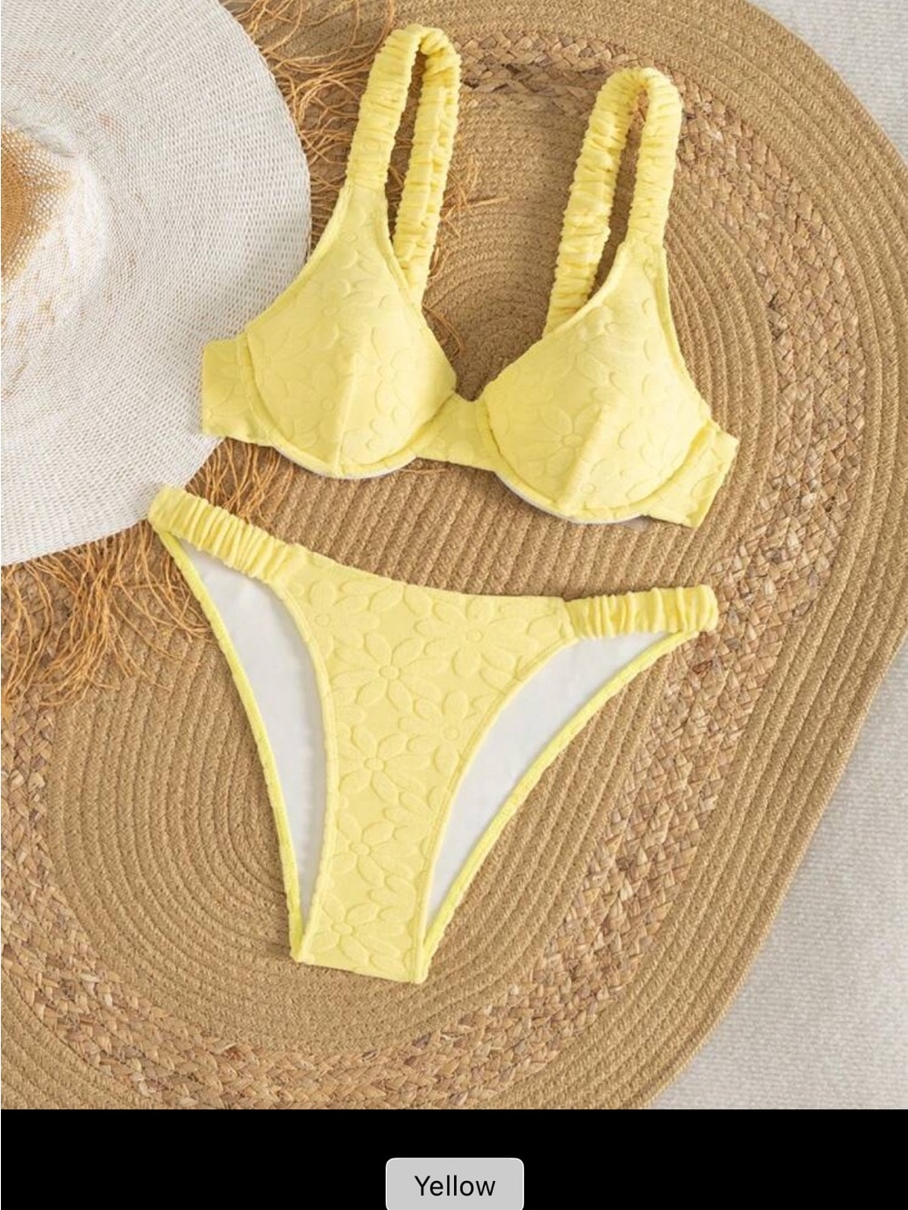 Textured Yellow Underwire Bikini Set with Ruched Straps